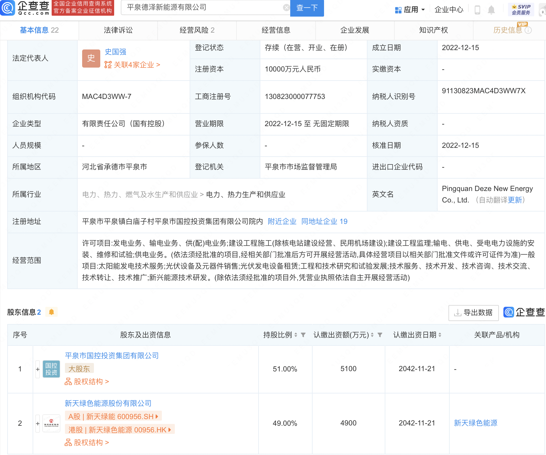 新天绿能于河北承德投资设立新公司,注册资本1亿元